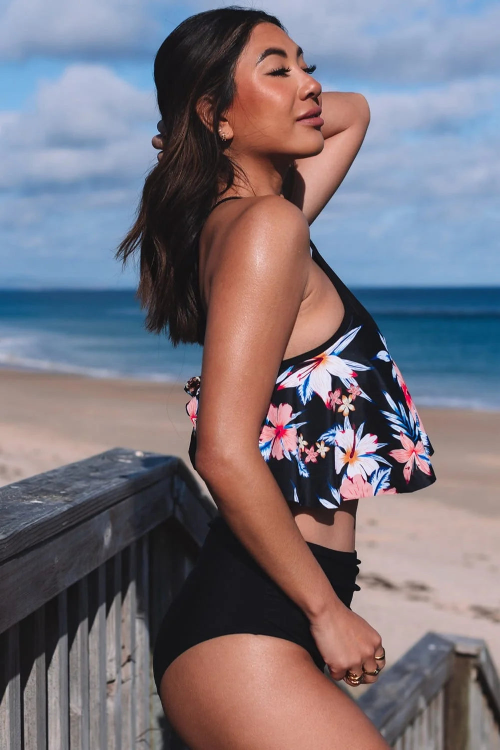 Mesh Floral Splicing High Waist Bikini