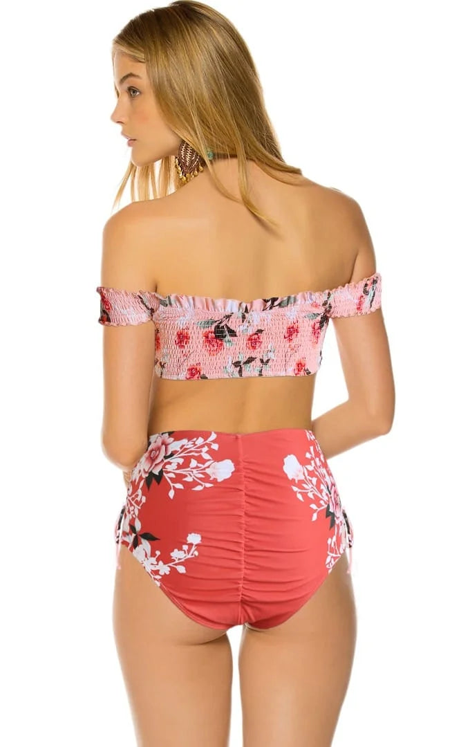 Off Shoulder Smocked High Waist Bikini