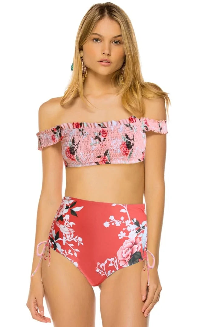 Off Shoulder Smocked High Waist Bikini
