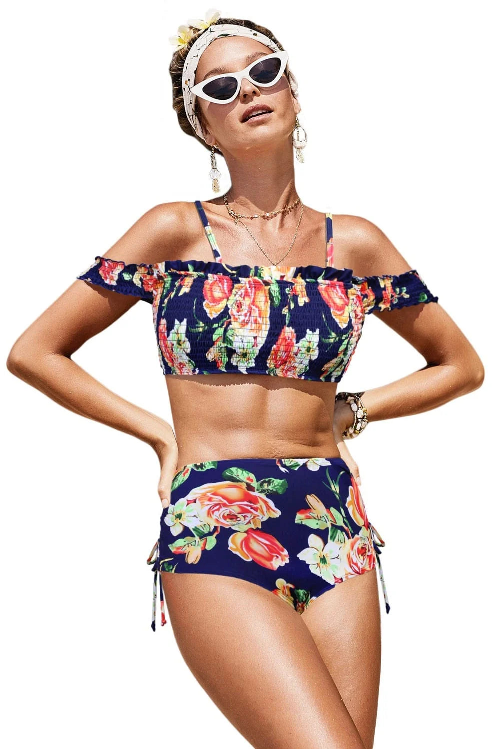 Off Shoulder Smocked High Waist Bikini