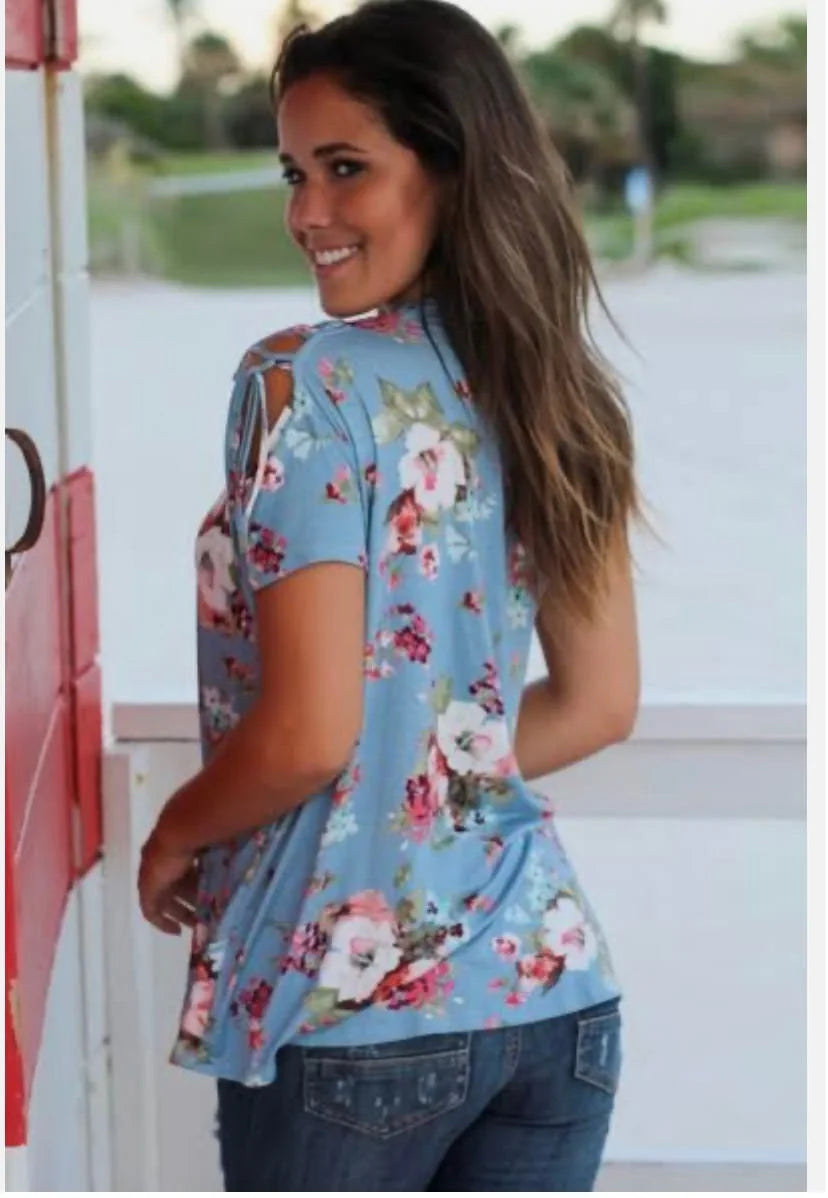 Floral Top with Lace Up Shoulder