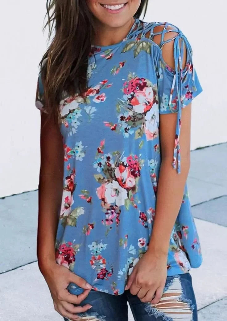 Floral Top with Lace Up Shoulder