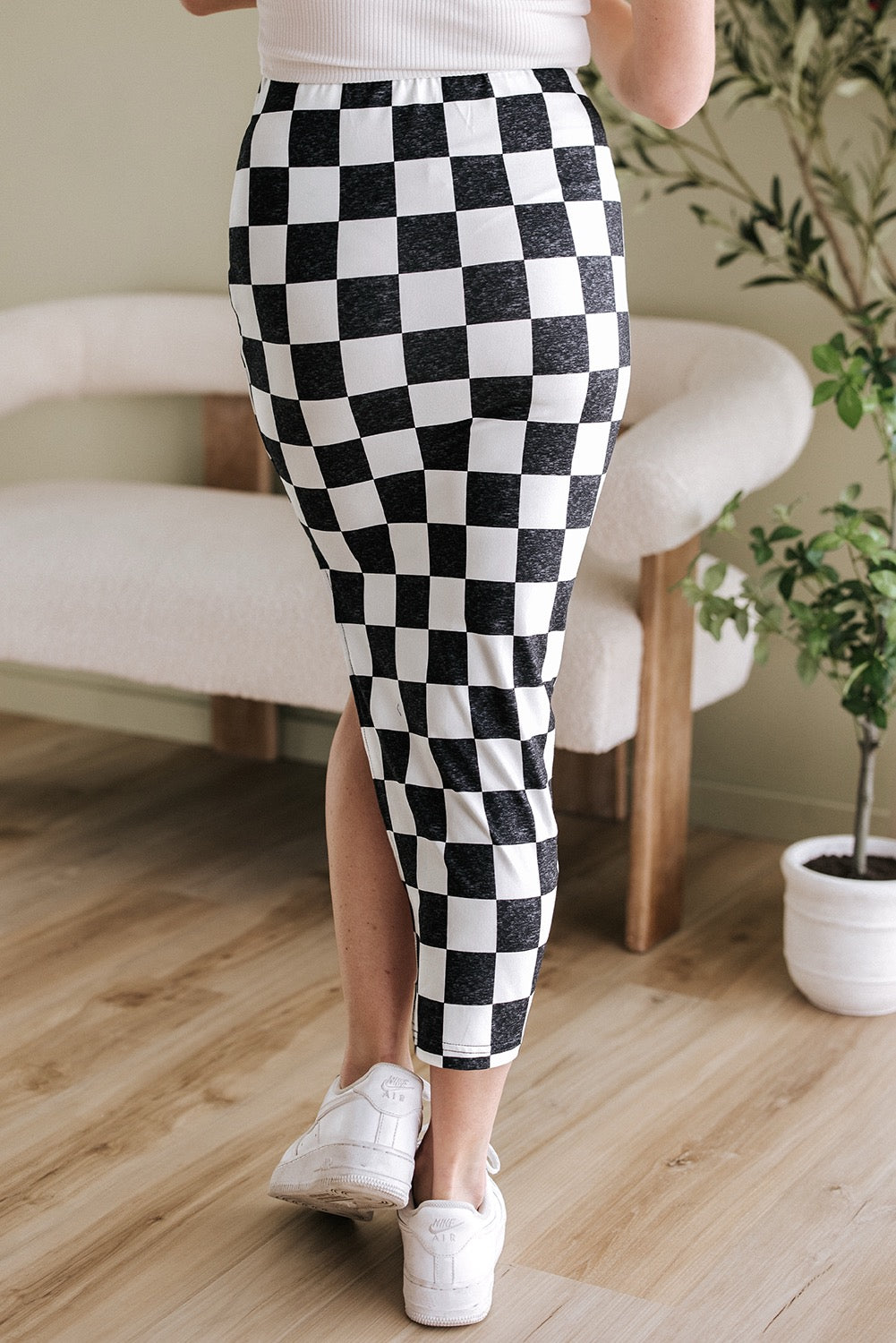 Checkered Side Slit High Waist Midi Skirt