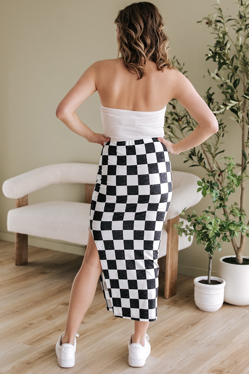 Checkered Side Slit High Waist Midi Skirt