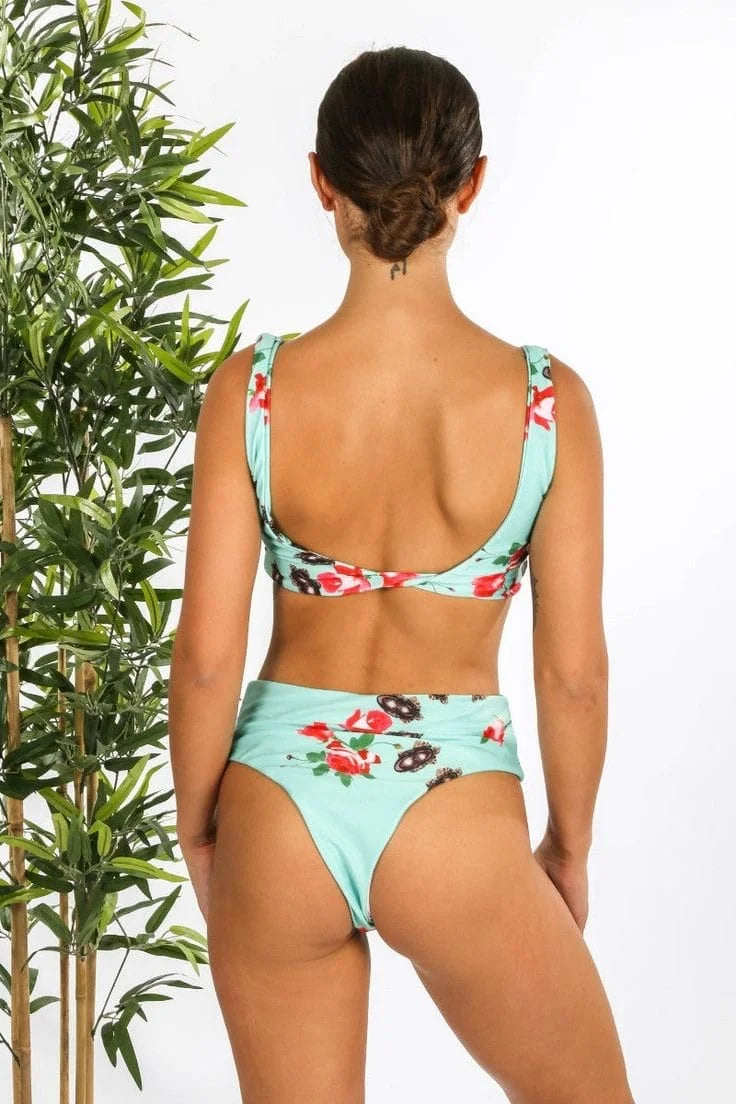 Rose Print Tie Front High Waist Bikini