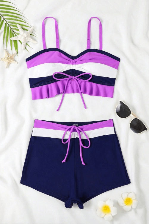 Colour Block Ruffled Tie Shorts Bikini