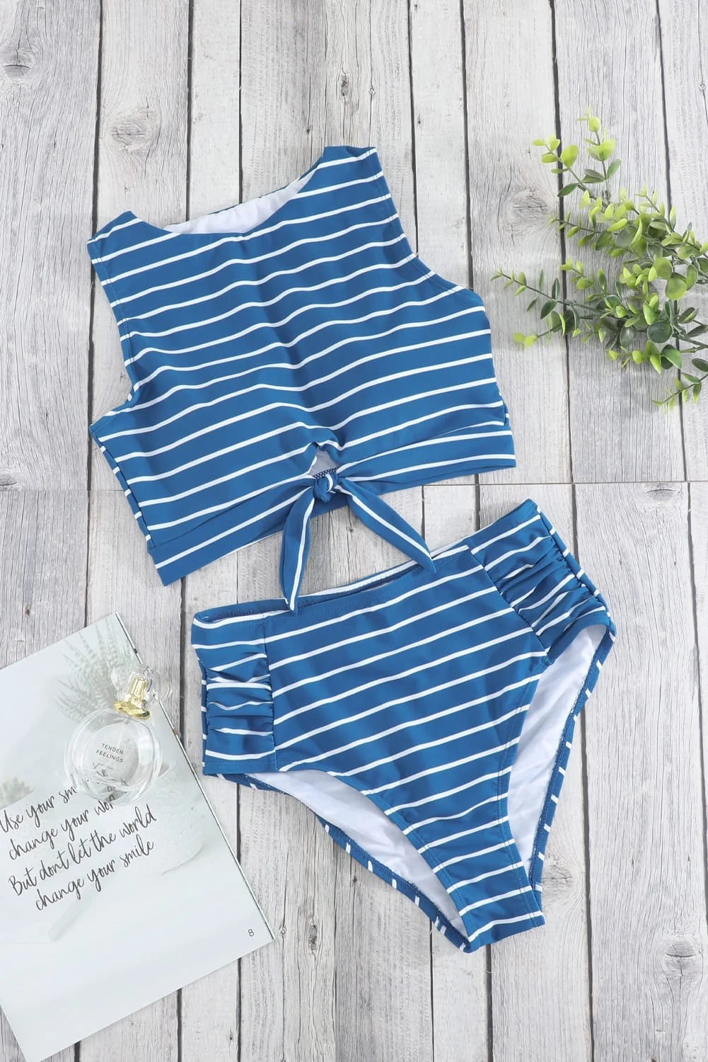 Striped Tie Knot High Waist Bikini