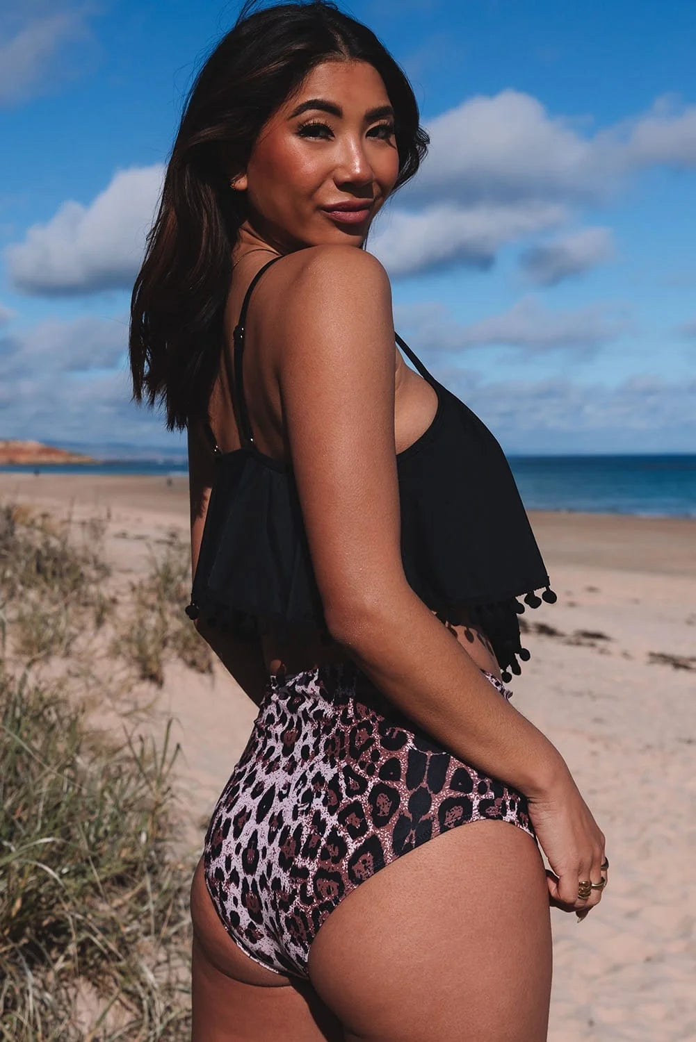 Pom Pom Trim Leopard Print High Waist Bikini