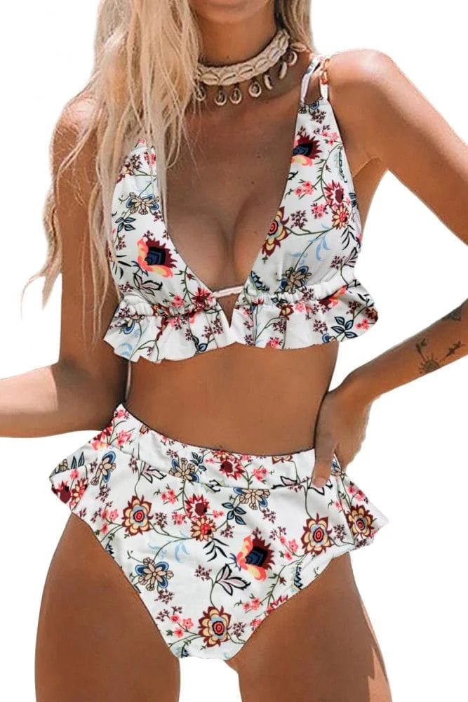 Floral Ruffles High Waist Bikini