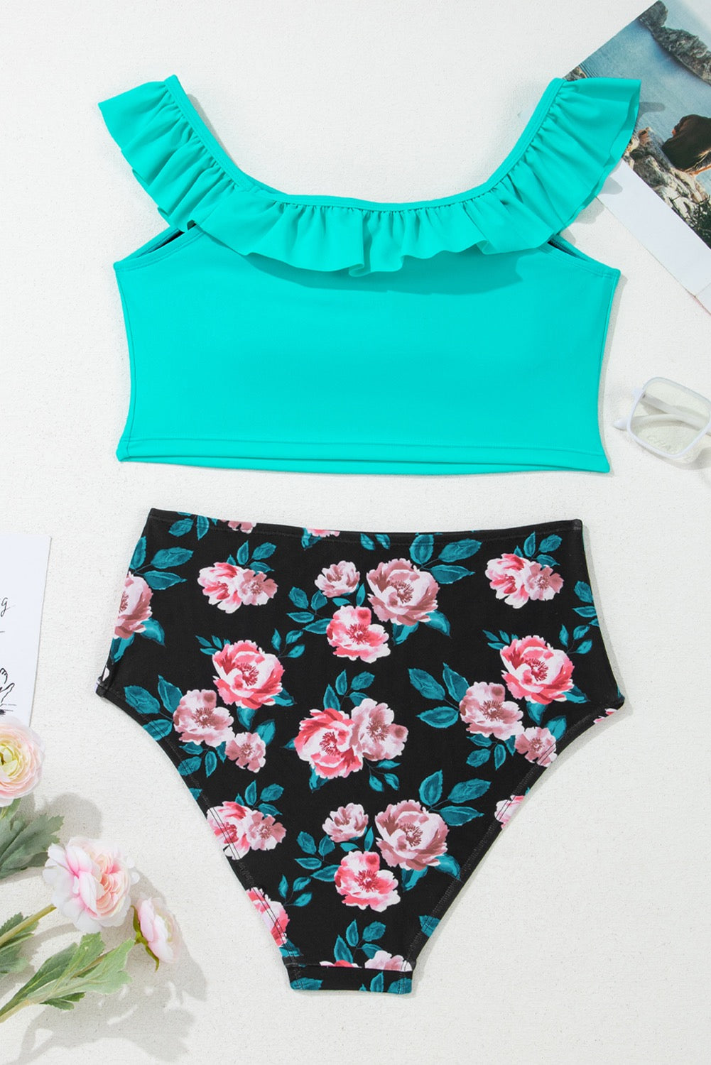 Floral Ruffle Shorts High Waist Bikini
