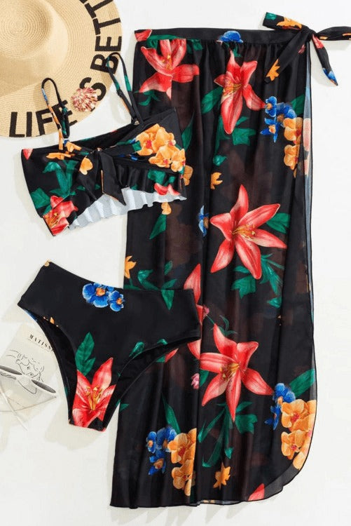 Floral Twist Front Bikini with Coverup Swimsuit (3 pcs)