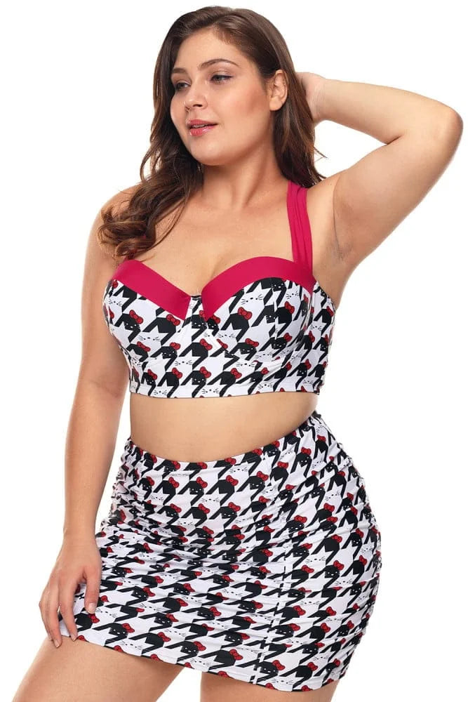Kitty Print Bikini Top With Skirt Swimwear