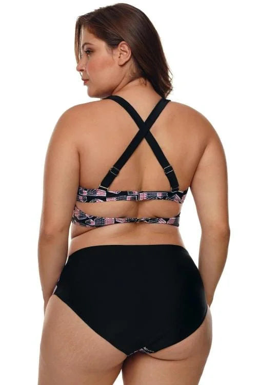 Geometric print sports bikini set for women with cross back design and high waist fit, perfect for beachwear, swimming, pool parties, and summer vacations.
