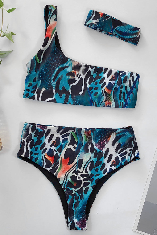 Graphic One Shoulder Bikini with Headband