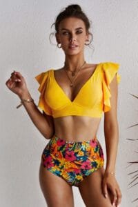 Floral Ruffle Hem High Waist Bikini - blue, S