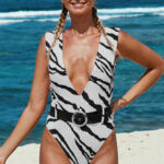 Angel Croshet Animal Print Belted One Piece Swimsuit