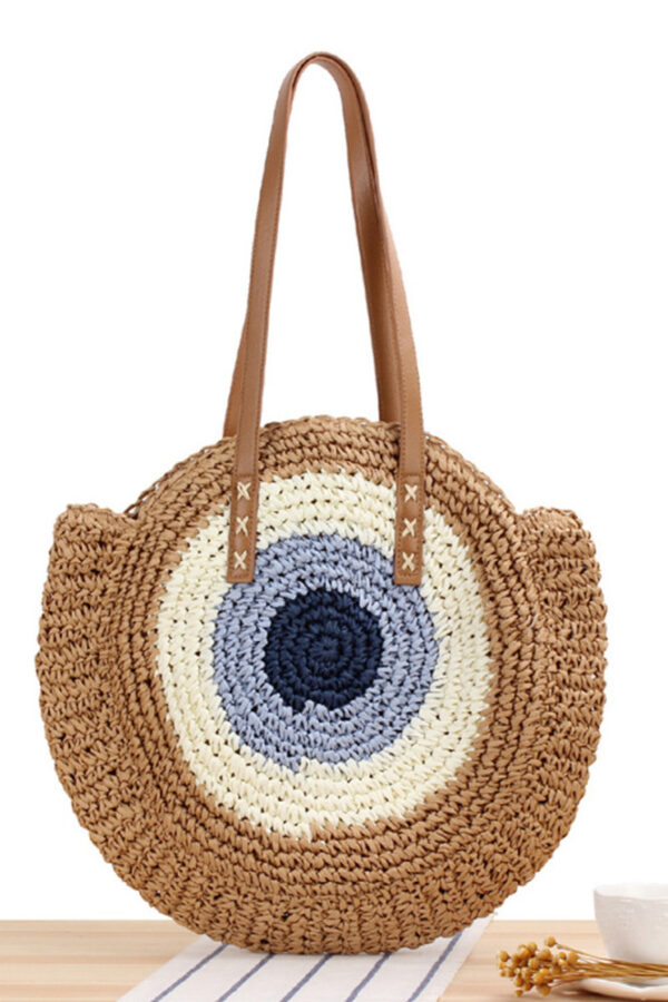 Angel Croshet ColorBlock Straw Large Round Bag