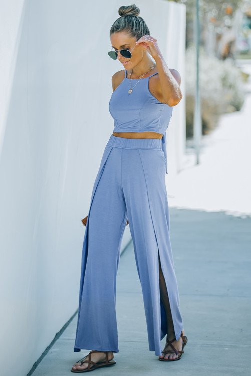 Angel Croshet Knotted Top & Split High Waist Pants Coord Set