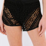 Black Hollow Out Lace Overlay Swim Shorts