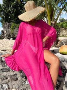 Women Beach Cover ups Swimsuit Ruffle Trim Beachwear Cover Ups Dress V neck Long Sleeve.