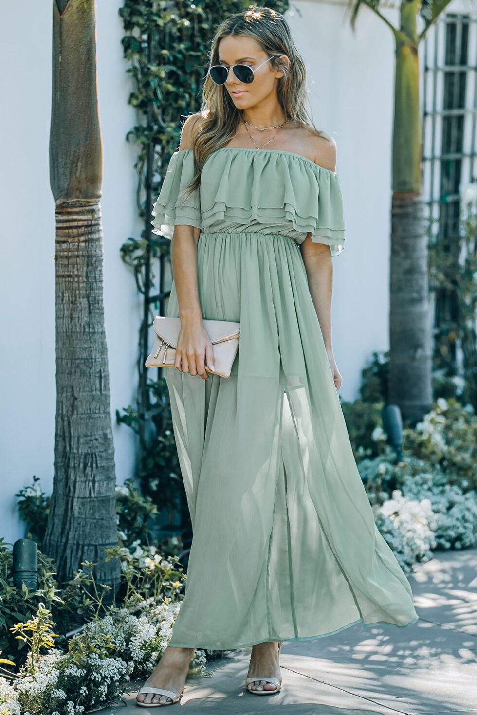 Off Shoulder Split Ruffle Maxi Dress