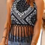 Black Paisley Print Fringe Trim Halter Tank Top