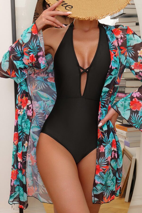 Angel Croshet Black Halter Neck Monokini with Floral Beach Coverup