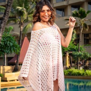 Angel Croshet Pink Crochet Lace-up Loose Beach Cover Up