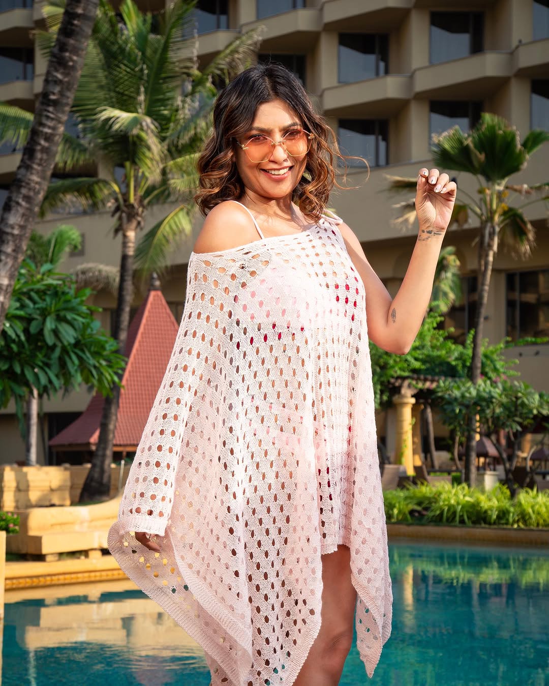 Angel Croshet Pink Crochet Lace-up Loose Beach Cover Up